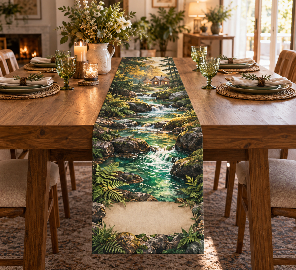 Forest Stream Housewarming Table Runner with flat printed optical 3D jade creek, warm stones and homeward path; customer family name added after ordering