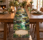 Forest Stream Housewarming Table Runner with flat printed optical 3D jade creek, warm stones and homeward path; customer family name added after ordering