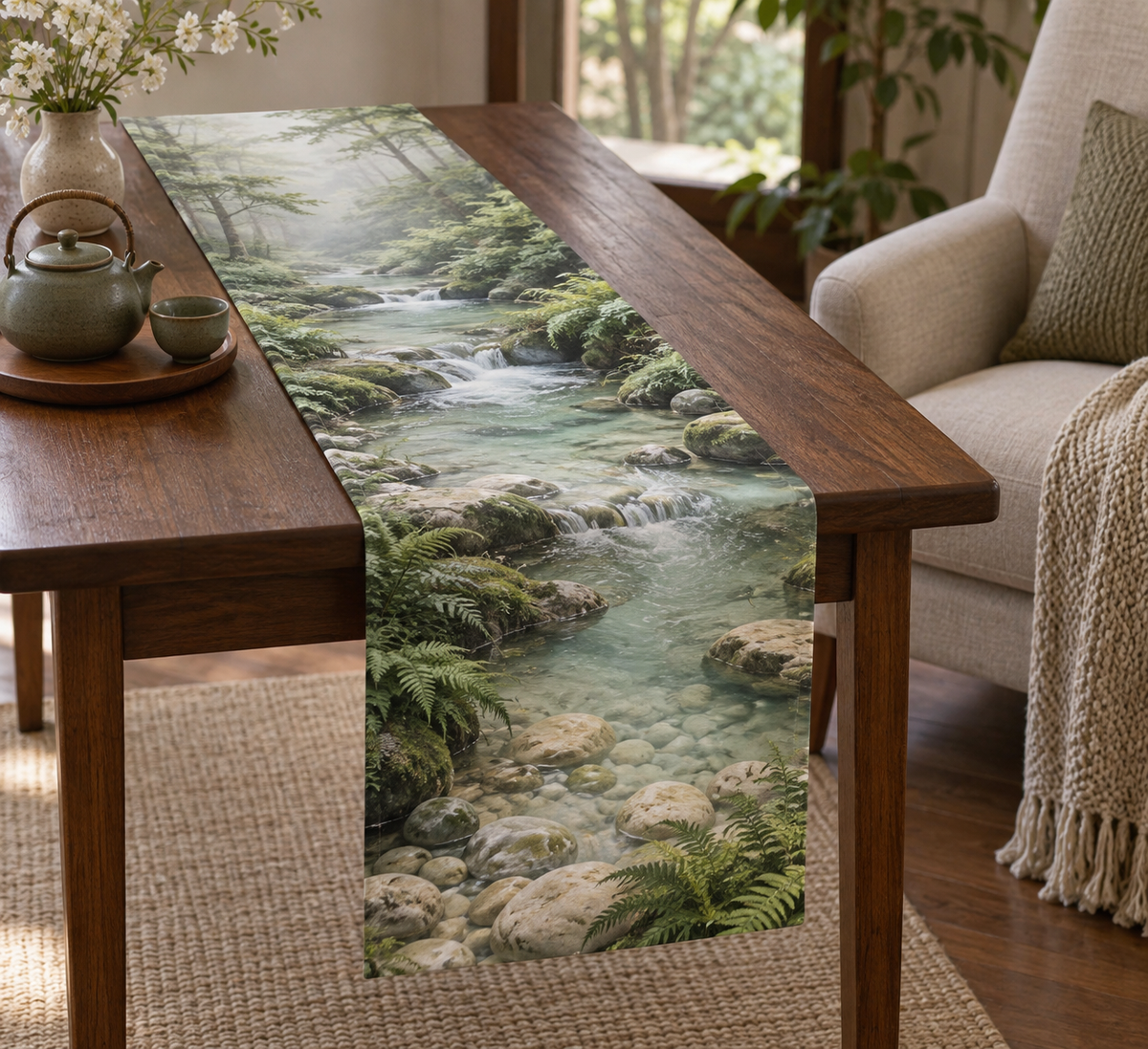 Forest Stream Quiet Corner Table Runner with flat printed optical 3D pale aqua stream, sage banks and cream pebbles