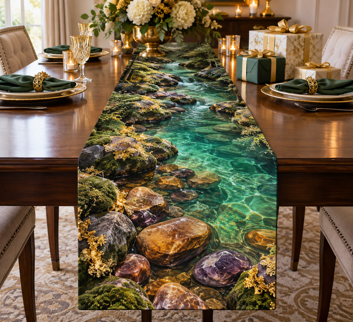 Forest Stream Collector Table Runner with flat printed optical 3D emerald creek, polished stones and gold lichen