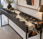 Forest Stream Gallery Table Runner with flat printed optical 3D charcoal creek banks, ivory water and terracotta stones