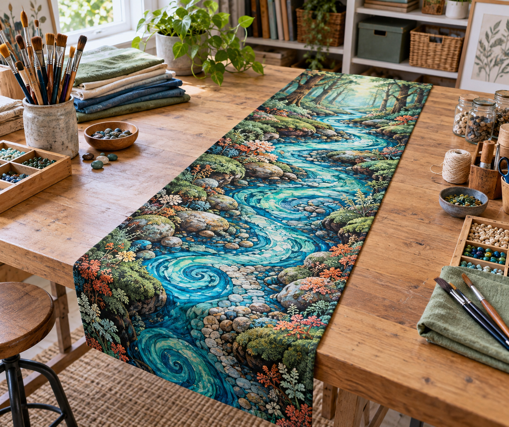 Forest Stream Studio Table Runner with flat printed optical 3D turquoise stream, cobalt stones and mosaic creek