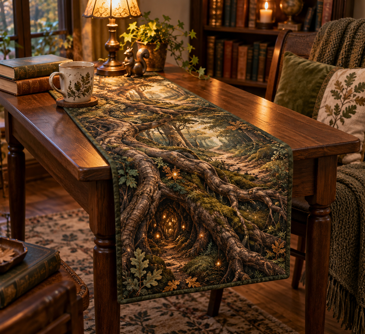 Enchanted Roots Reading Nook Table Runner with flat printed optical 3D oak roots, mossy hollows and bronze leaves