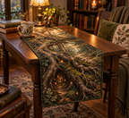 Enchanted Roots Reading Nook Table Runner with flat printed optical 3D oak roots, mossy hollows and bronze leaves