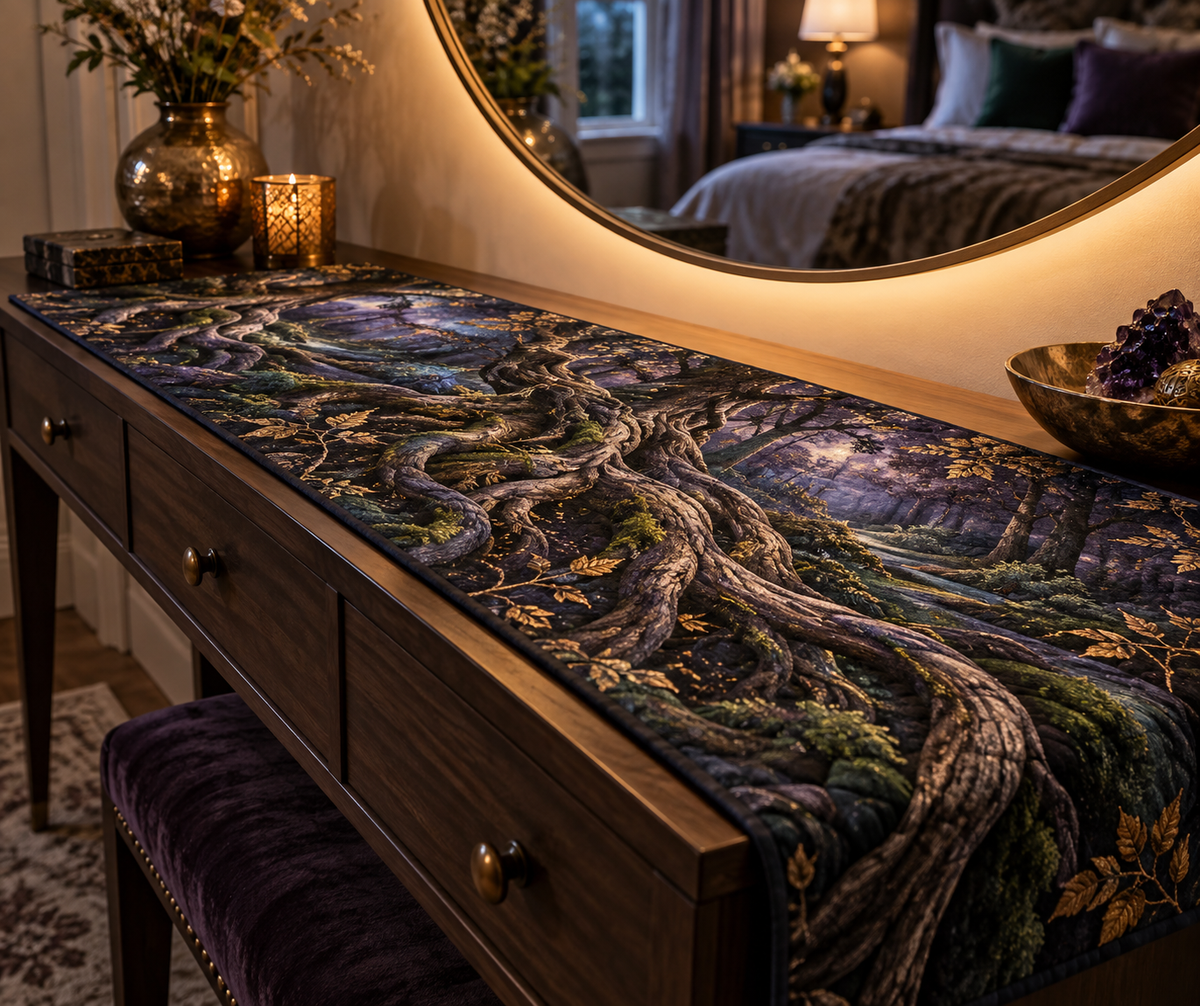 Enchanted Roots Bedroom Table Runner with flat printed optical 3D ancient roots, emerald moss and copper leaves