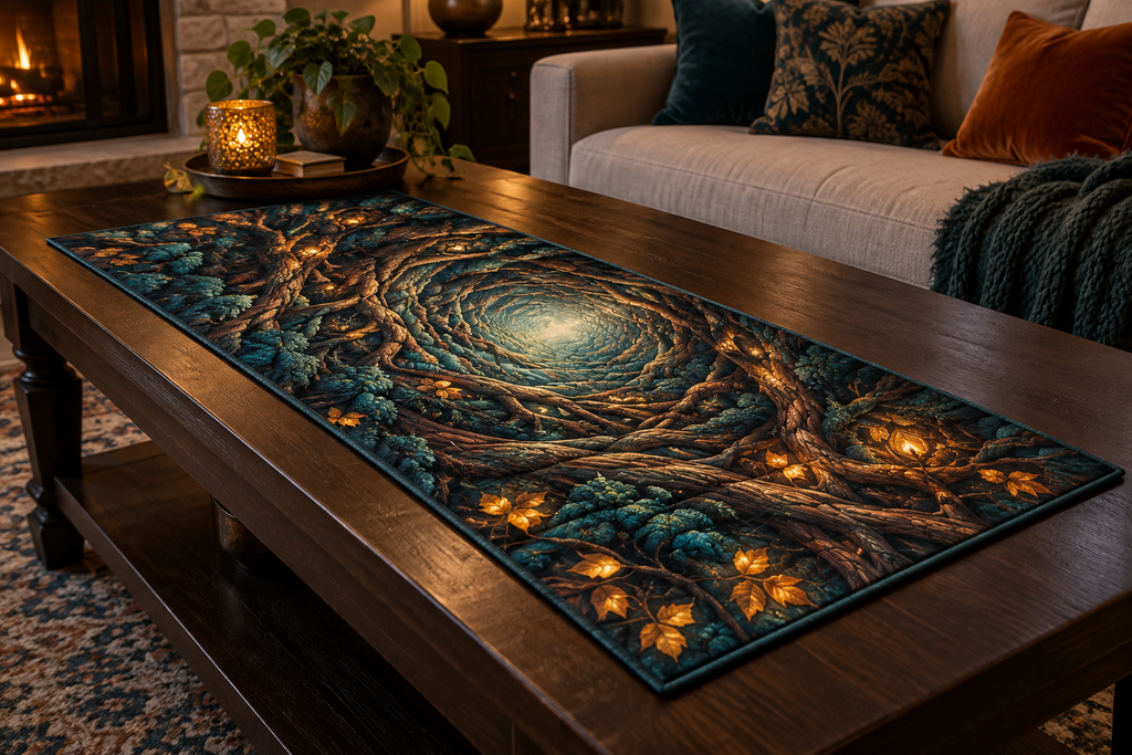 Enchanted Roots Living Room Table Runner with flat printed optical 3D oak roots, turquoise moss and copper foliage