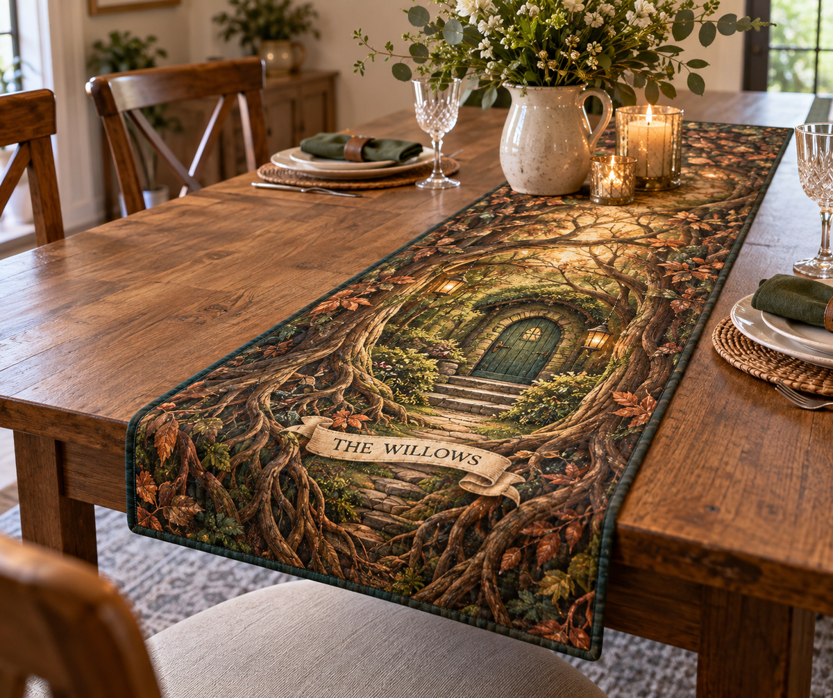 Enchanted Roots Housewarming Table Runner with flat printed optical 3D oak roots and mossy hollow; sample family name shown on item