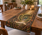 Enchanted Roots Housewarming Table Runner with flat printed optical 3D oak roots and mossy hollow; sample family name shown on item