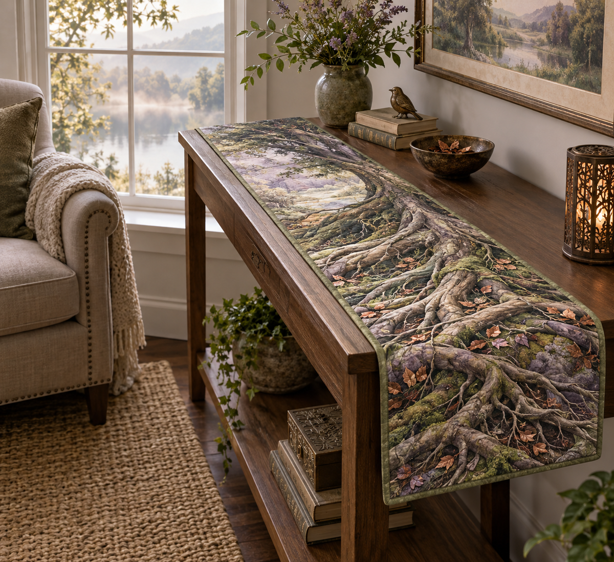 Enchanted Roots Quiet Corner Table Runner with flat printed optical 3D graceful roots, sage moss and gold leaves