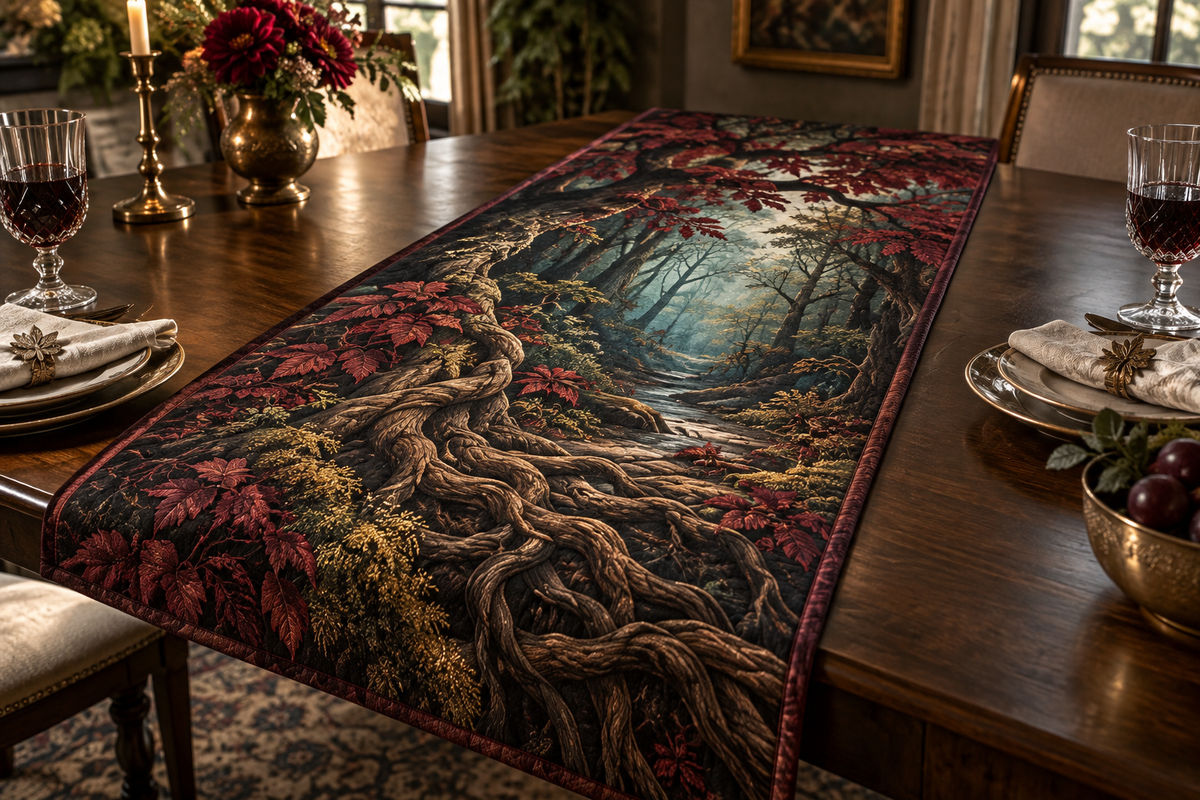 Enchanted Roots Collector Gift Table Runner with flat printed optical 3D antique roots, jewel-toned moss and burgundy leaves