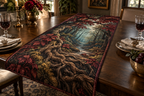 Enchanted Roots Collector Gift Table Runner with flat printed optical 3D antique roots, jewel-toned moss and burgundy leaves