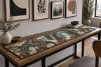 Enchanted Roots Gallery Wall Table Runner with flat printed optical 3D charcoal roots, teal moss and terracotta leaves