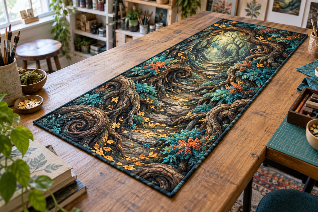 Enchanted Roots Studio Table Runner with flat printed optical 3D spiraling oak roots, teal moss and coral lichen