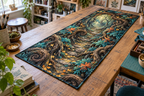 Enchanted Roots Studio Table Runner with flat printed optical 3D spiraling oak roots, teal moss and coral lichen