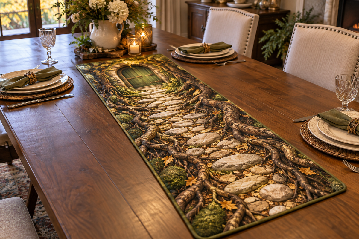 Enchanted Roots Host Gift Table Runner with flat printed optical 3D oak roots, moss and honey-gold leaves