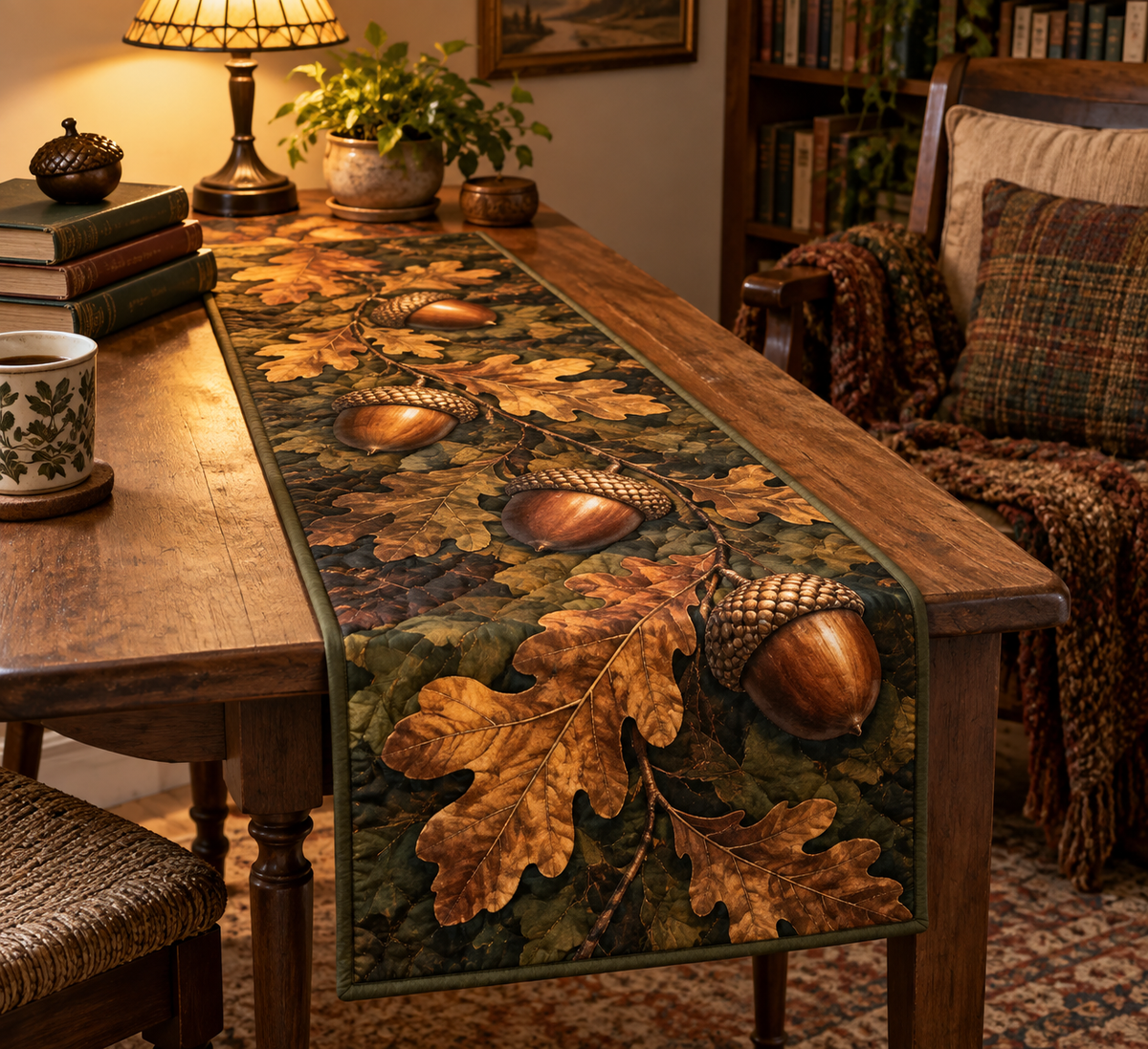 Acorns & Oak Leaves Reading Nook Table Runner with flat printed optical 3D acorns and oak leaves