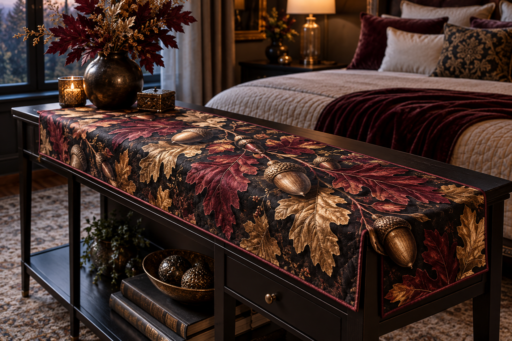 Acorns & Oak Leaves Bedroom Table Runner with flat printed optical 3D bronze acorns and burgundy oak leaves