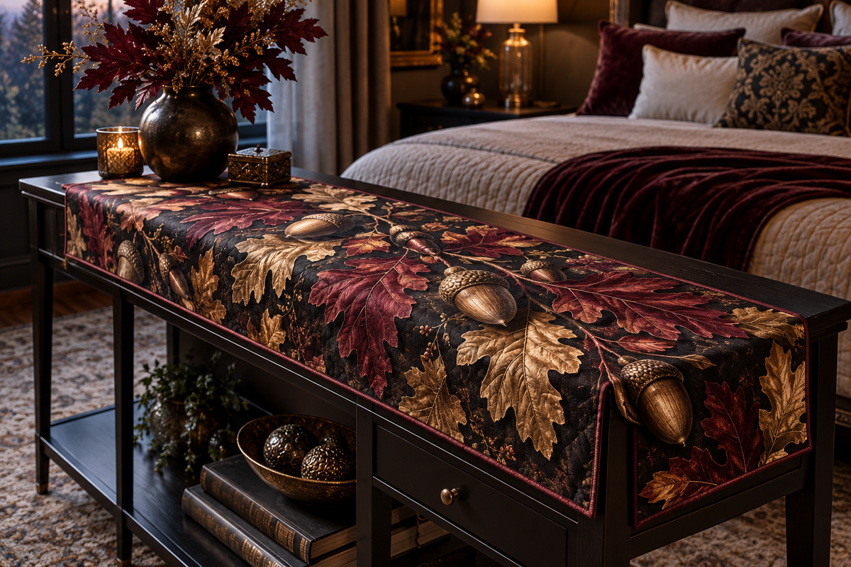 Acorns & Oak Leaves Bedroom Table Runner with flat printed optical 3D bronze acorns and burgundy oak leaves