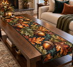Acorns & Oak Leaves Living Room Table Runner with flat printed optical 3D acorns, curling copper oak leaves and jade moss