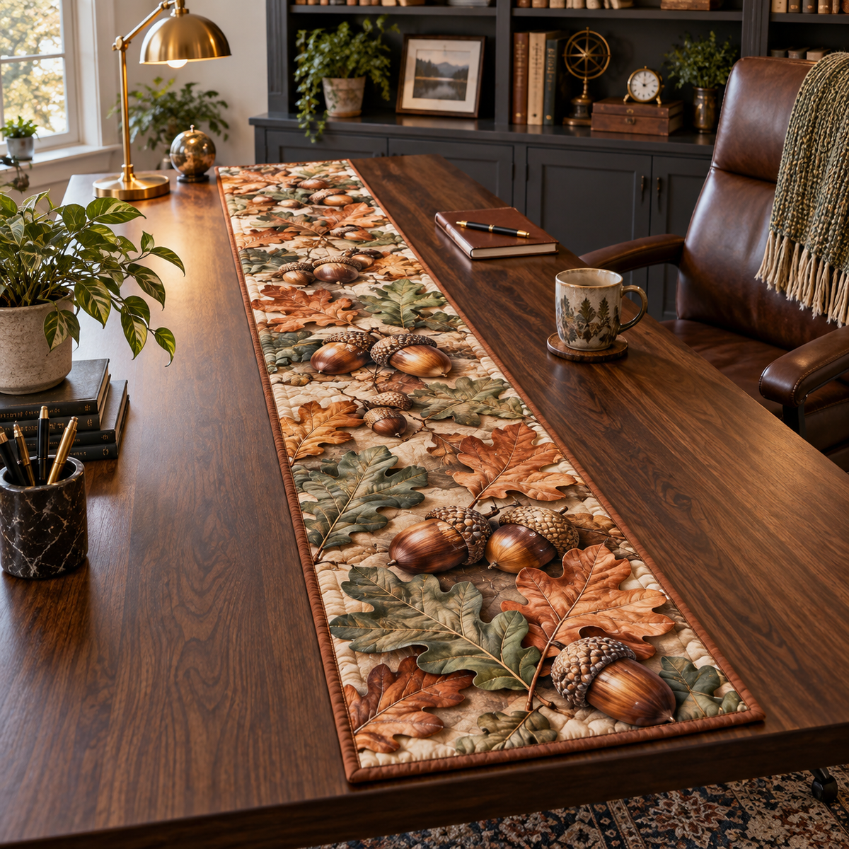 Rectangular quilted table runner with flat printed celestial rings and optical depth in a furnished bedroom.