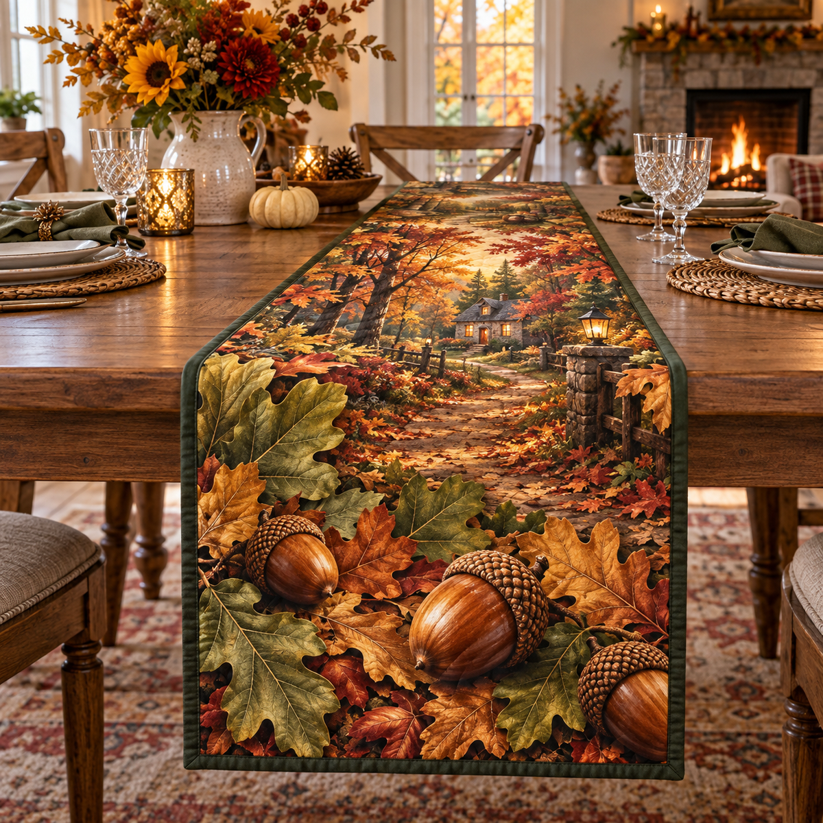 Rectangular quilted table runner with flat printed celestial rings and optical depth in a furnished bedroom.