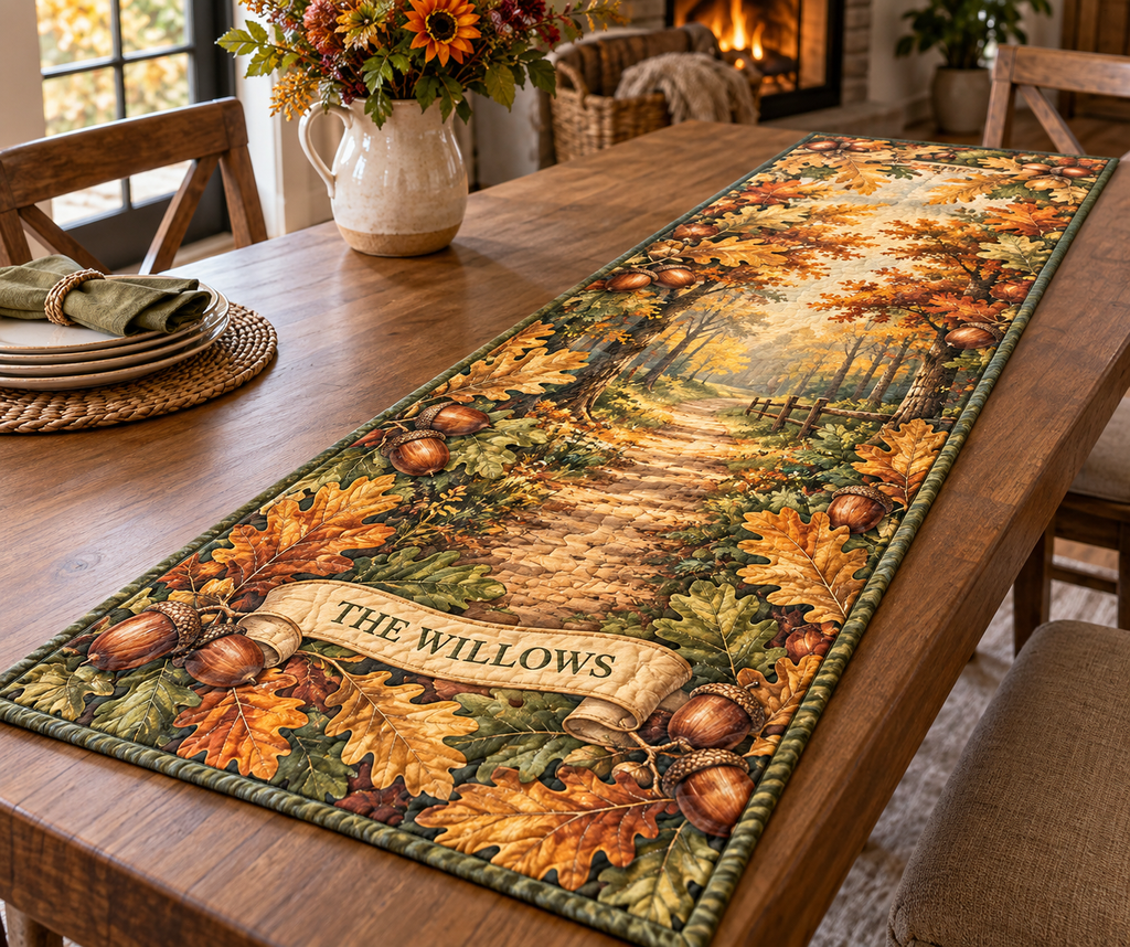 Acorns & Oak Leaves Housewarming Table Runner with flat printed optical 3D acorns and oak leaves; sample family name shown on item