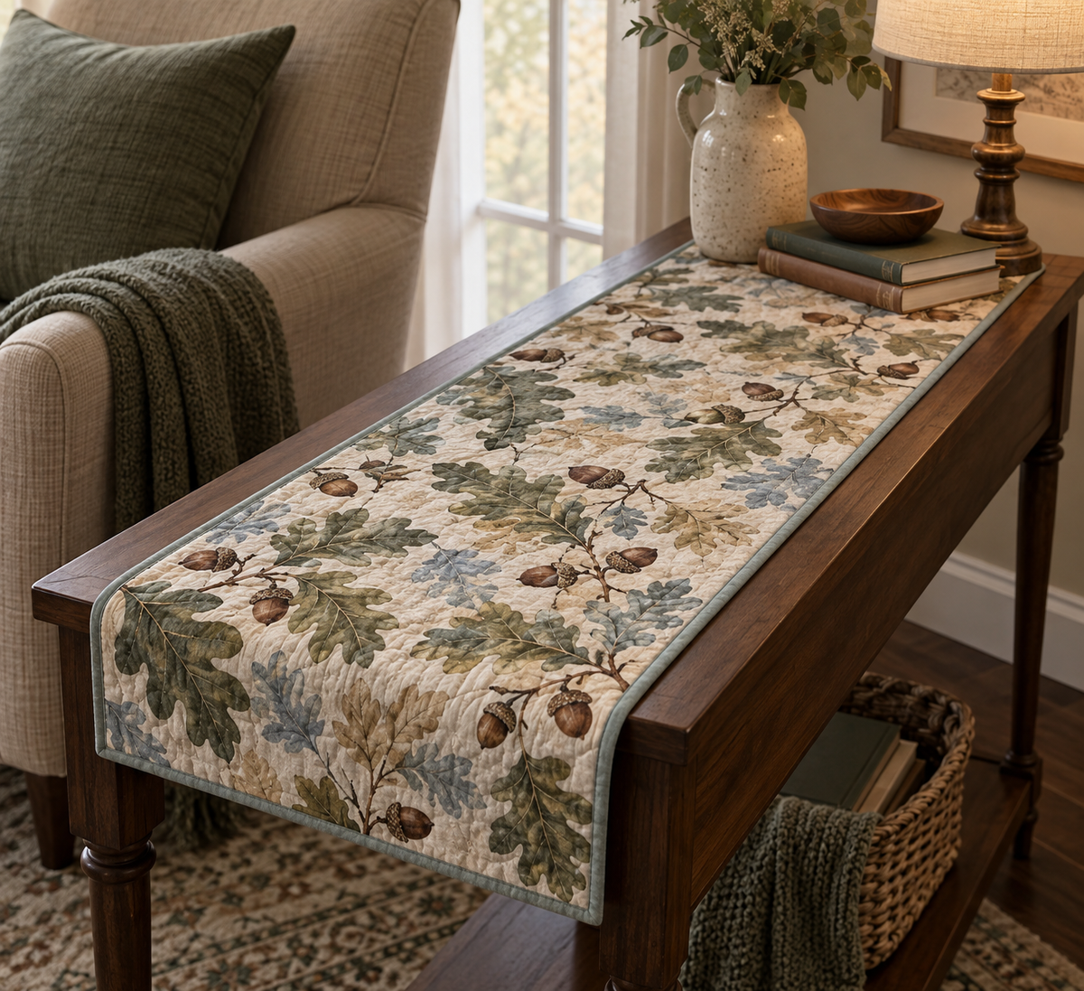 Acorns & Oak Leaves Quiet Corner Table Runner with flat printed optical 3D cinnamon acorns, sage oak leaves and soft woodland shadows