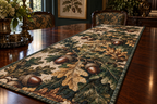 Acorns & Oak Leaves Collector Gift Table Runner with flat printed optical 3D mahogany acorns, antique-bronze oak leaves and emerald shadows