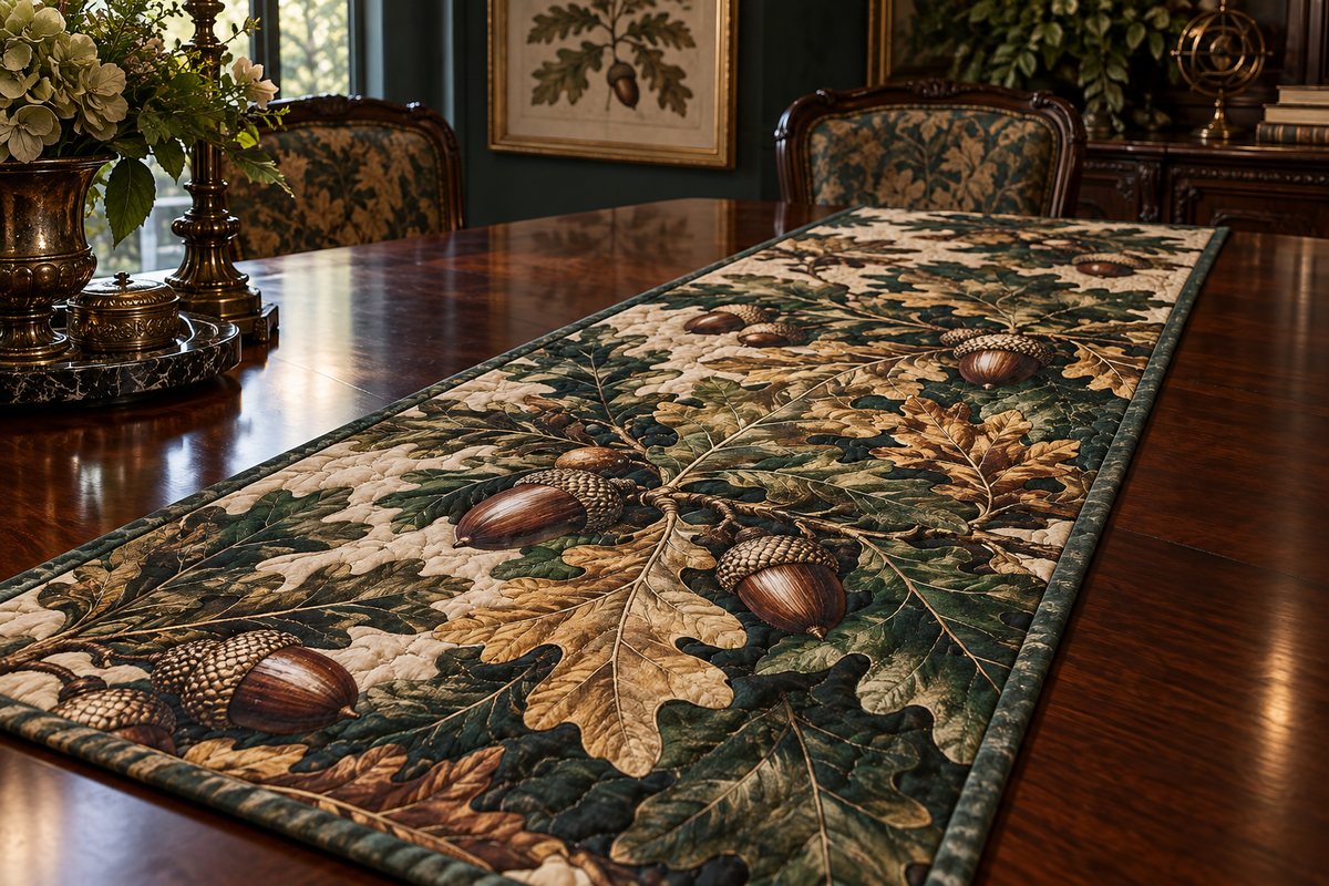 Acorns & Oak Leaves Collector Gift Table Runner with flat printed optical 3D mahogany acorns, antique-bronze oak leaves and emerald shadows