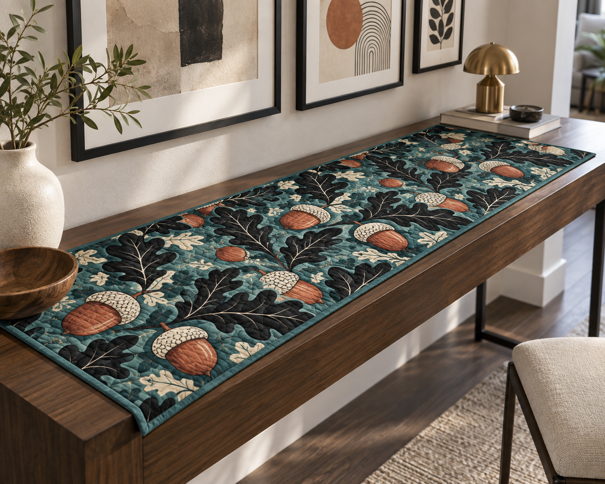 Acorns & Oak Leaves Gallery Wall Table Runner with flat printed optical 3D charcoal oak leaves, terracotta acorns and jade shadows