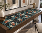 Acorns & Oak Leaves Gallery Wall Table Runner with flat printed optical 3D charcoal oak leaves, terracotta acorns and jade shadows