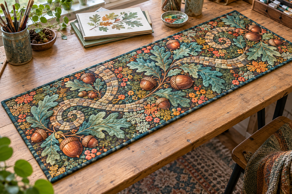Acorns & Oak Leaves Studio Table Runner with flat printed optical 3D turquoise oak leaves, copper acorns and cobalt shadows
