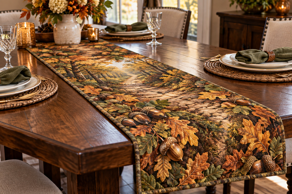 Acorns & Oak Leaves Host Gift Table Runner with flat printed optical 3D olive oak leaves, golden acorns and copper highlights