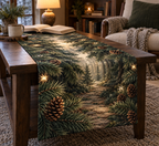 Pinecones & Needles Reading Nook Table Runner with flat printed optical 3D pine needles, pinecones and woodland shadows