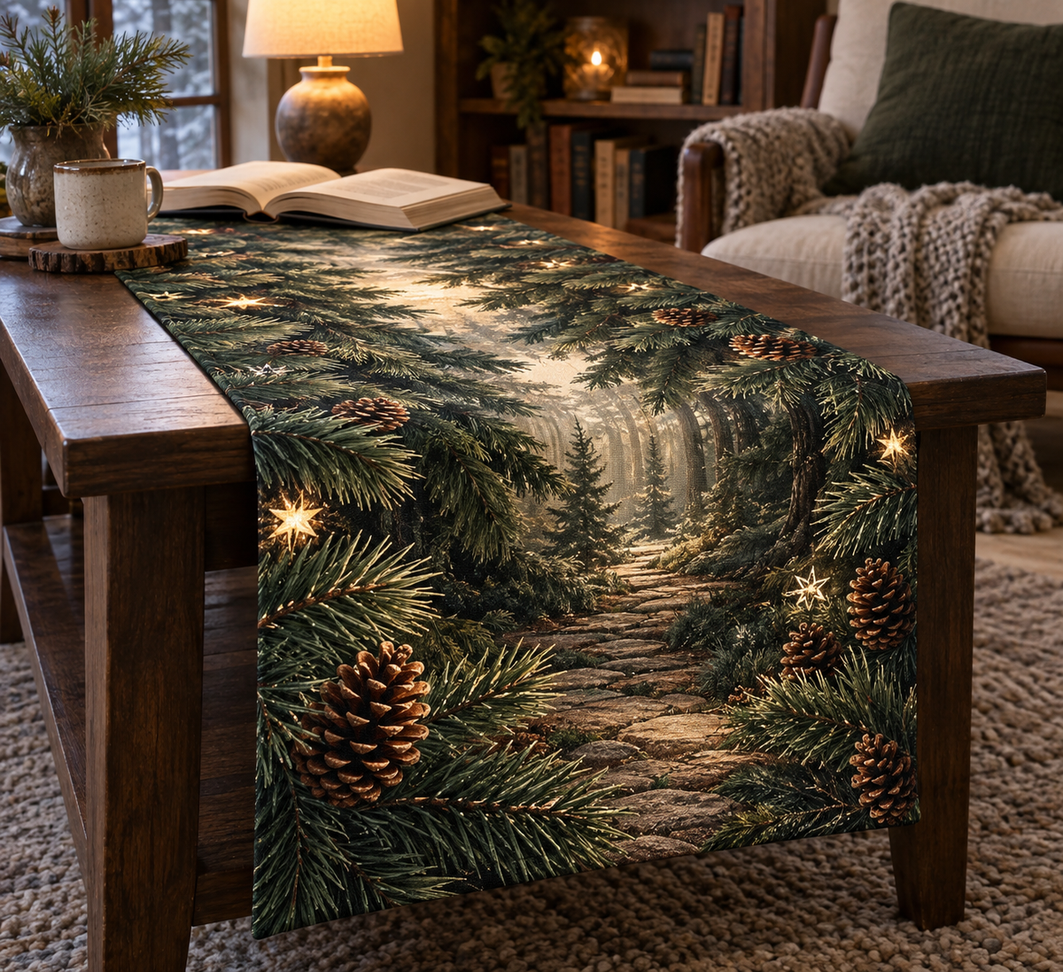 Pinecones & Needles Reading Nook Table Runner with flat printed optical 3D pine needles, pinecones and woodland shadows