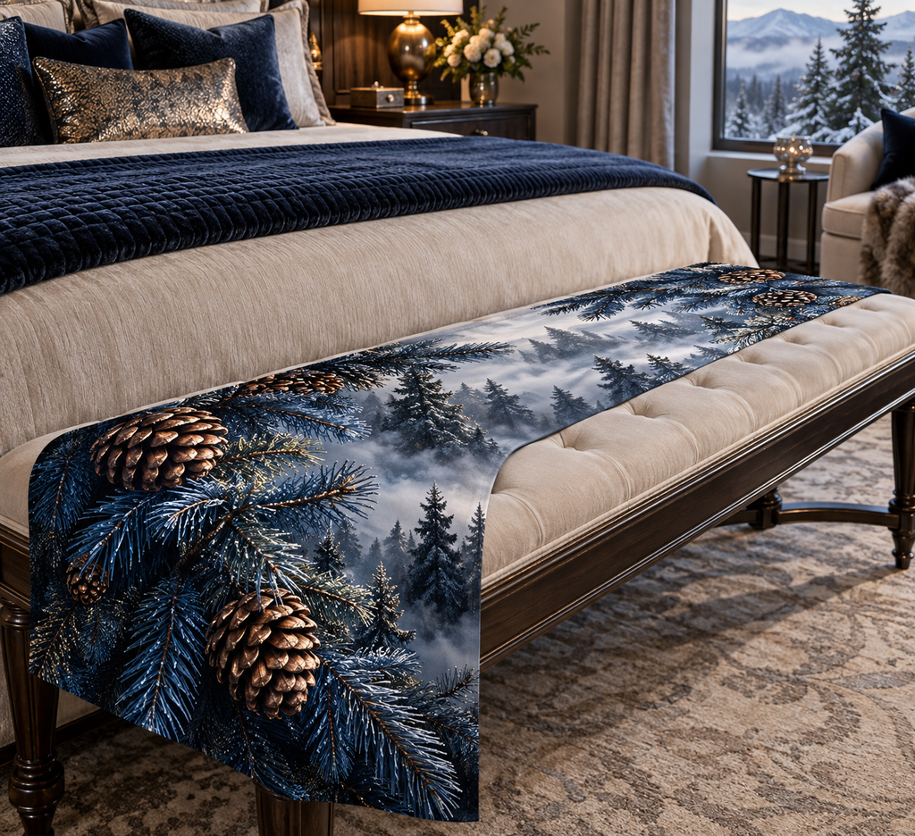 Pinecones & Needles Bedroom Table Runner with flat printed optical 3D midnight pine needles, copper pinecones and silver highlights