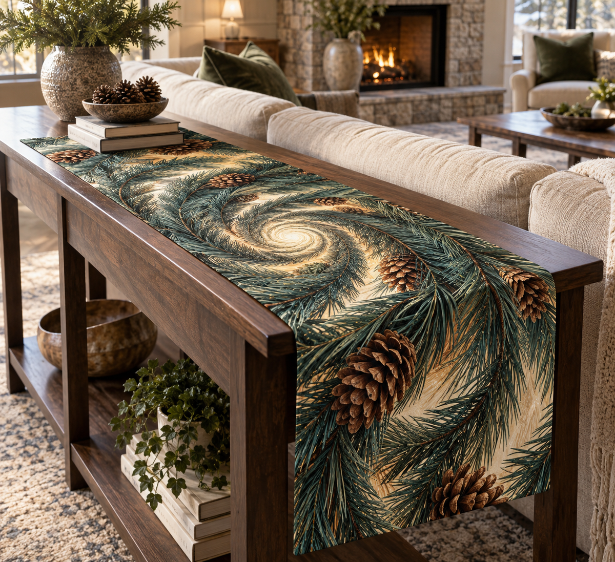 Pinecones & Needles Living Room Table Runner with flat printed optical 3D green pine needles, russet pinecones and bronze highlights