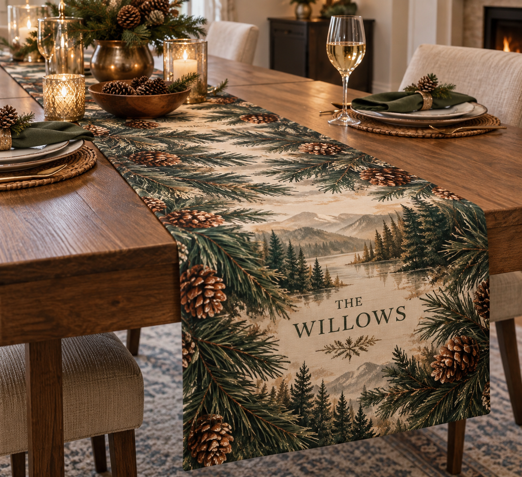 Pinecones & Needles Housewarming Table Runner with flat printed optical 3D pinecones and needles; sample family name shown on item