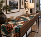 Pinecones & Needles Gallery Table Runner with flat printed optical 3D teal pine needles, terracotta pinecones and cream geometry