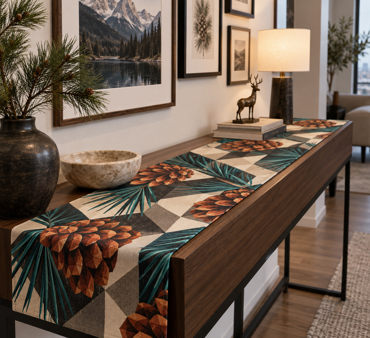 Pinecones & Needles Gallery Table Runner with flat printed optical 3D teal pine needles, terracotta pinecones and cream geometry