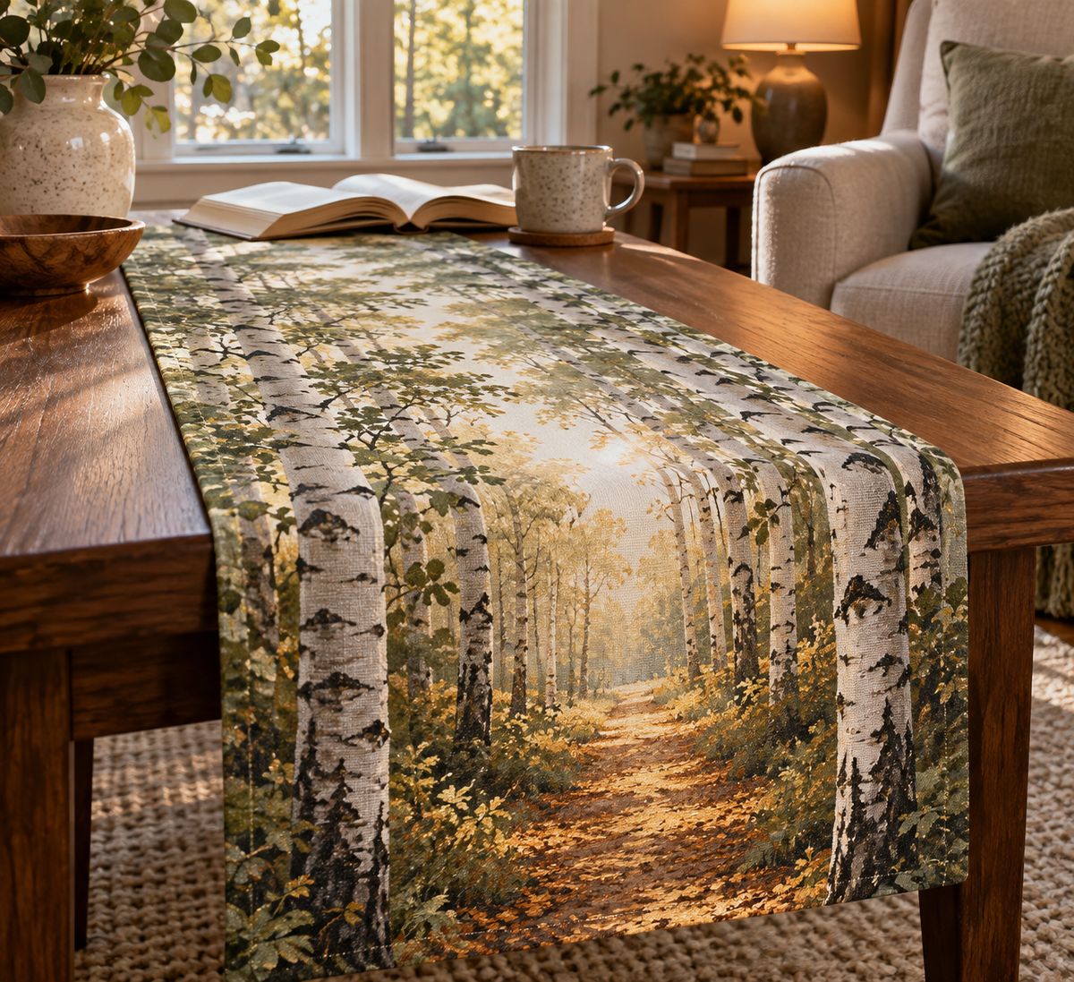 Birch Grove Reading Nook Table Runner with flat printed optical 3D birch trunks, sage foliage and golden woodland light