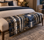Birch Grove Bedroom Table Runner with flat printed optical 3D white birch trunks, gold leaves and midnight shadows