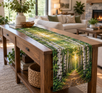 Birch Grove Living Room Table Runner with flat printed optical 3D white birch trunks, emerald foliage and honey light