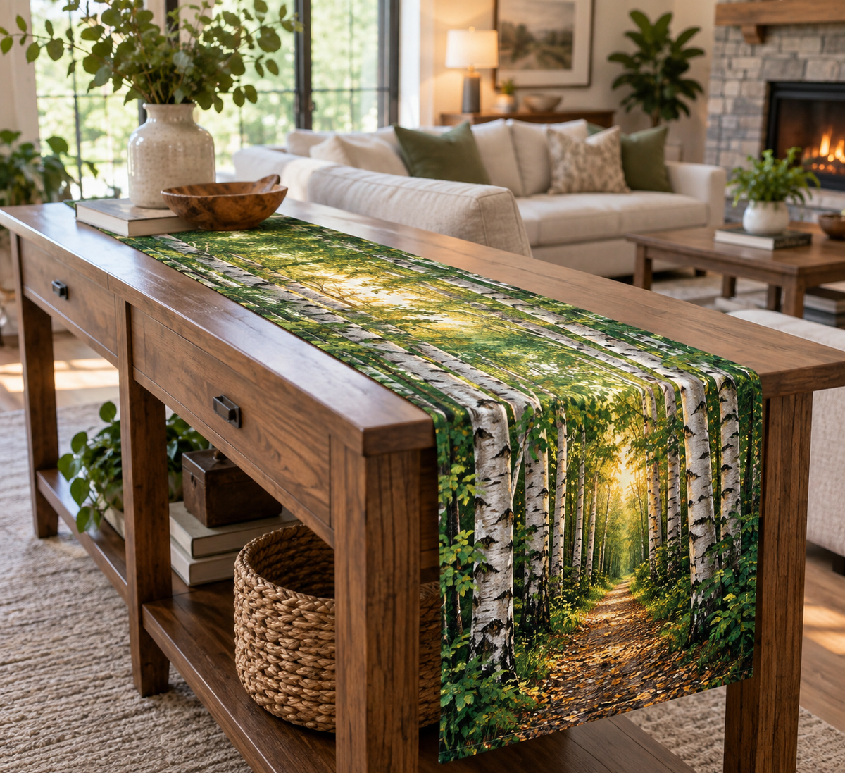 Birch Grove Living Room Table Runner with flat printed optical 3D white birch trunks, emerald foliage and honey light