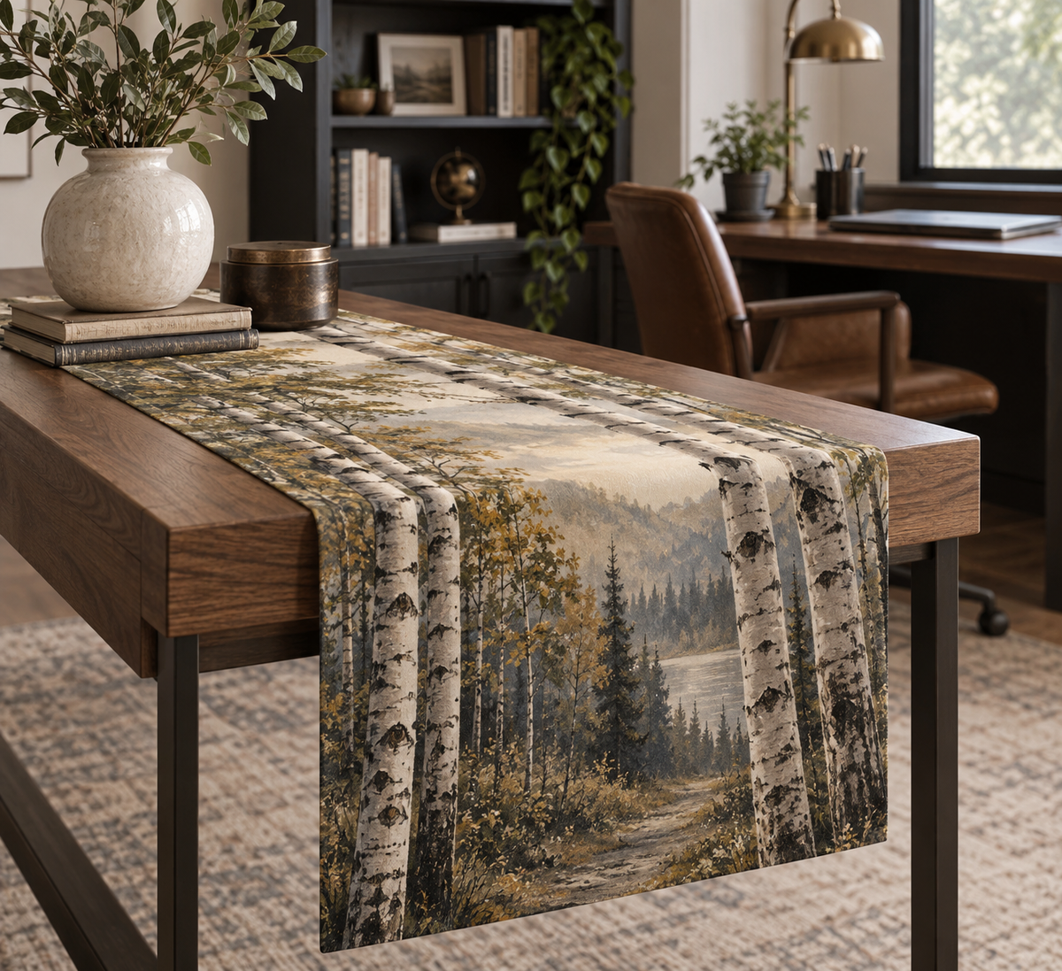 Birch Grove Home Office Table Runner with flat printed optical 3D ivory birch trunks, olive leaves and slate shadows