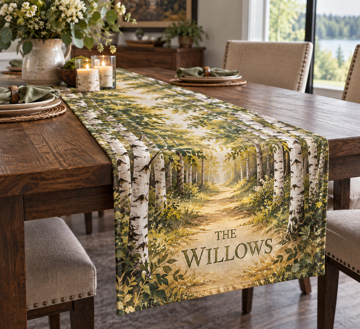 Birch Grove Housewarming Table Runner with flat printed optical 3D birch grove; sample family name shown on item