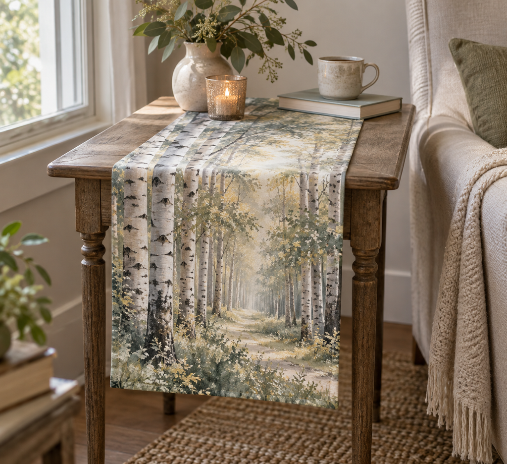 Birch Grove Quiet Corner Table Runner with flat printed optical 3D pale birch trunks, sage leaves and misty woodland light