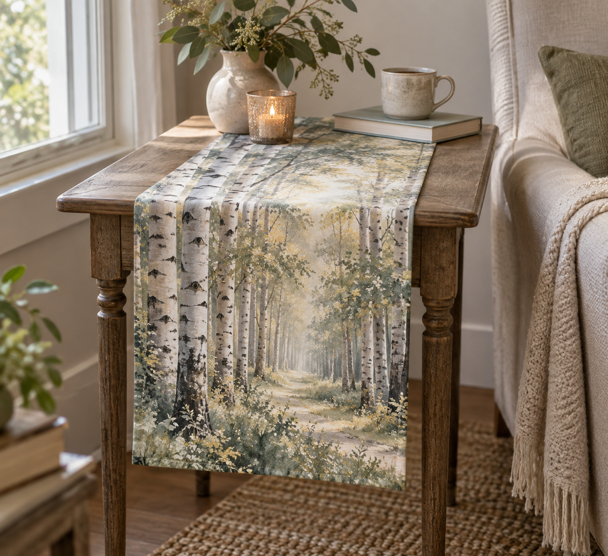 Birch Grove Quiet Corner Table Runner with flat printed optical 3D pale birch trunks, sage leaves and misty woodland light