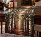 Birch Grove Collector Table Runner with flat printed optical 3D ivory birch trunks, emerald leaves and copper-gold woodland light