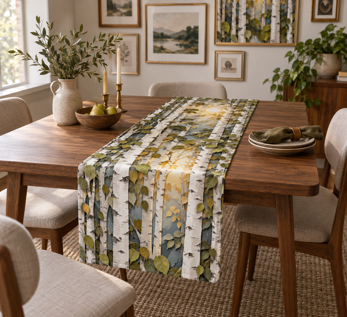Birch Grove Gallery Table Runner with flat printed optical 3D ivory birch trunks, teal and sage leaves and warm light
